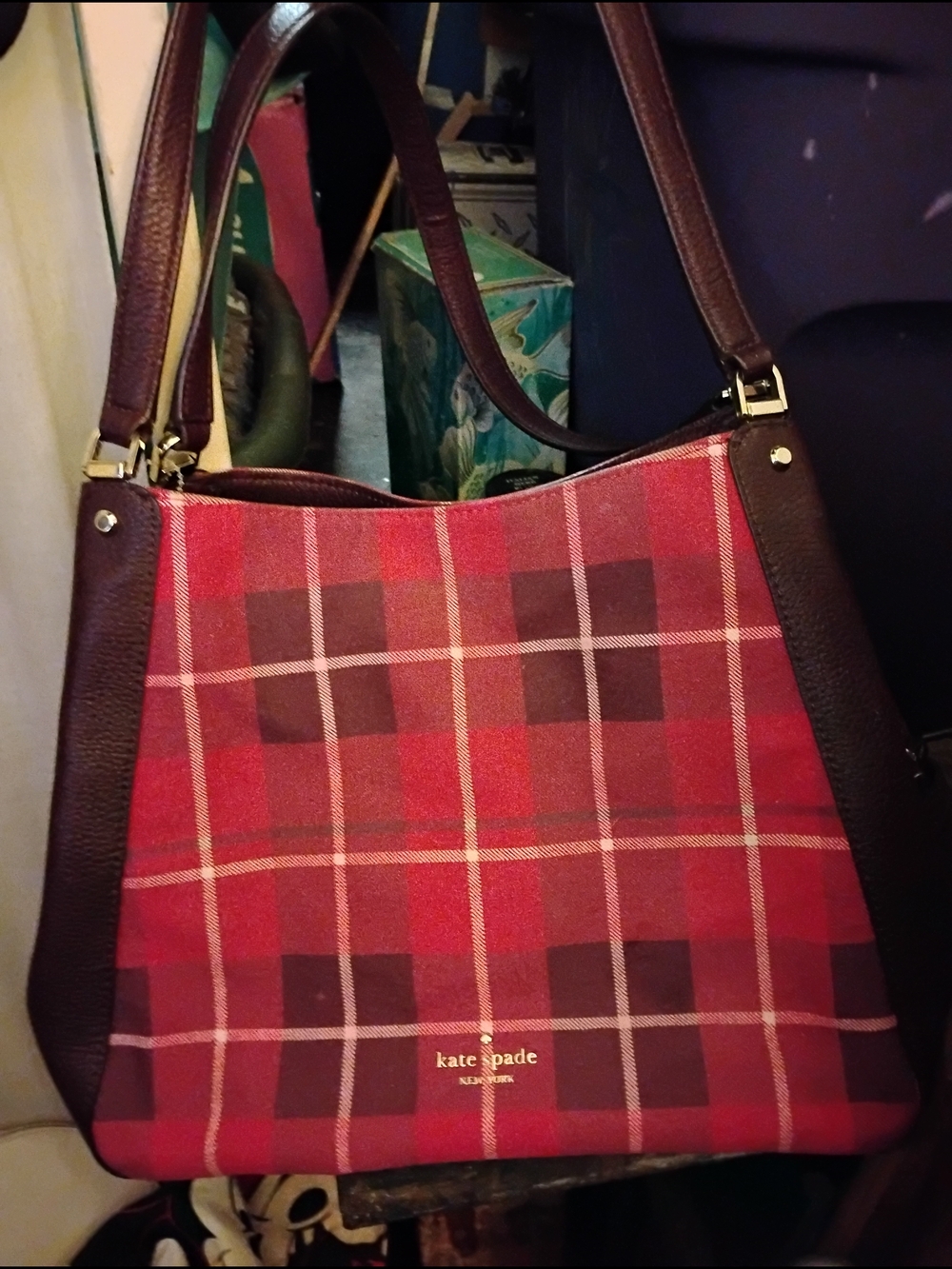 kate spade Red Plaid Shoulder Bag with Brown Trim